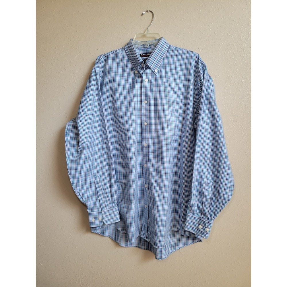 Kirkland Signature Traditional Fit Non-Iron Blue Plaid Button-Down Shirt XL